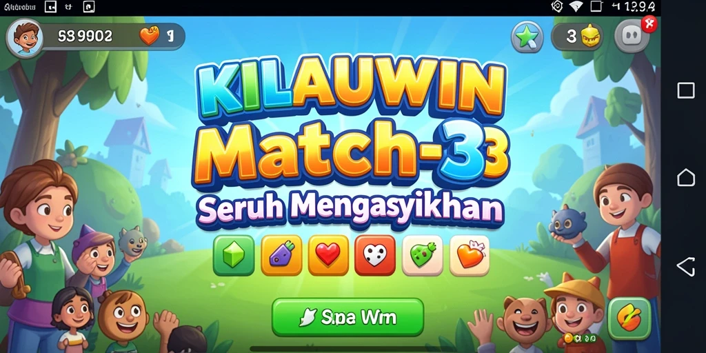 Tampilan gameplay KILAUWIN dengan berbagai item match-3 yang penuh warna.