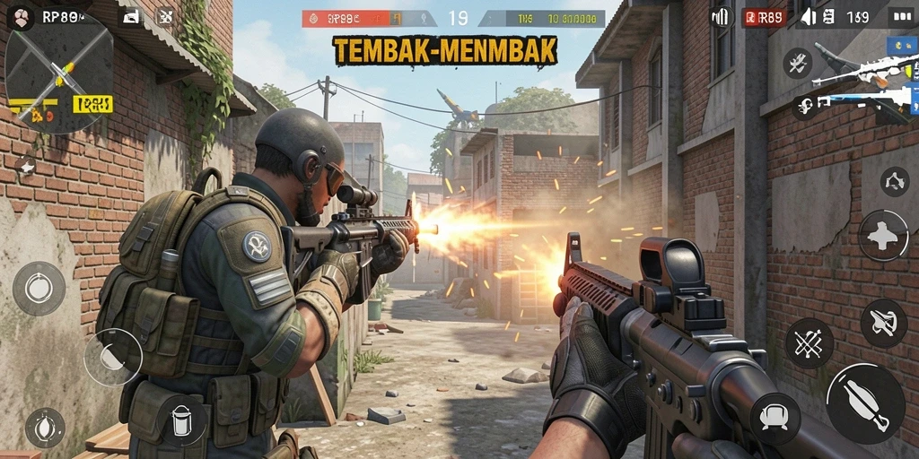 Tampilan gameplay RR89 dengan aksi tembak-tembakan yang seru.