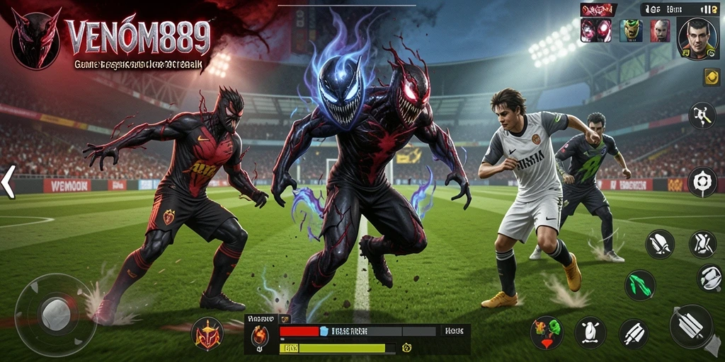 Tampilan gameplay VENOM889 dengan aksi sepak bola yang mendebarkan.